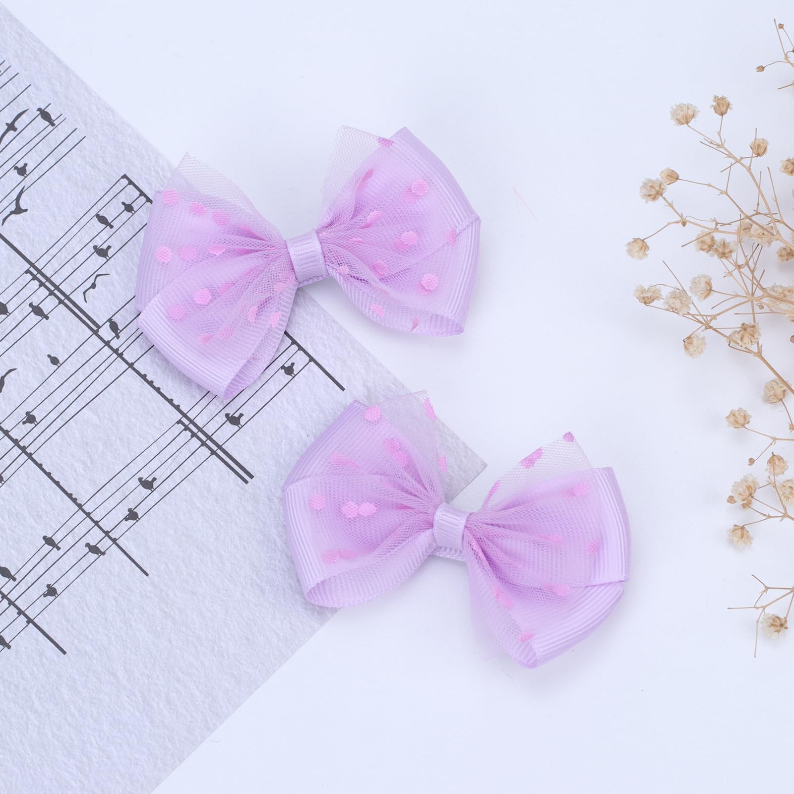Zolyco Tiny Dot Organza Bow Purple Alligator Clip closeup reveals sparkling ribbon.