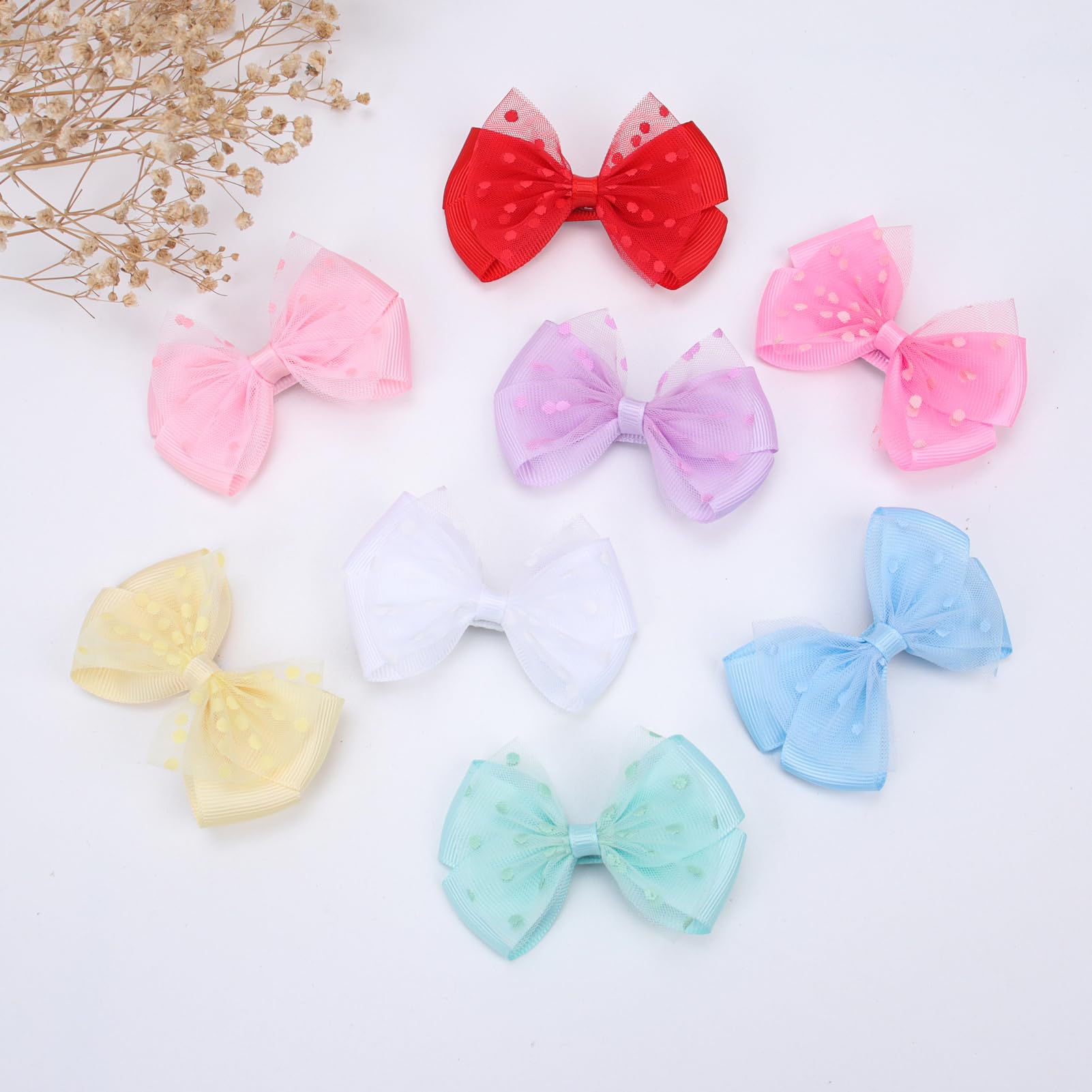Zolyco Tiny Dot Organza Bow Purple Alligator Clip displayed with different outfits.