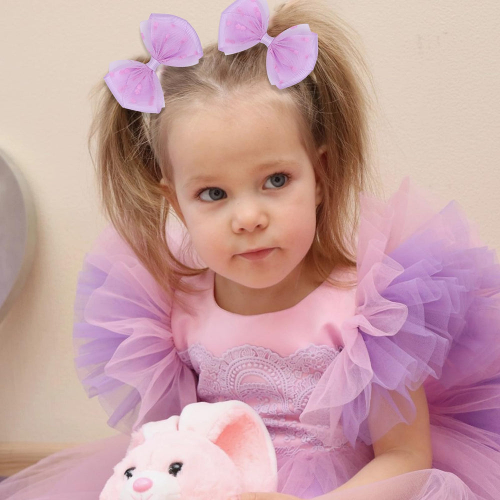 Zolyco Tiny Dot Organza Bow Purple Alligator Clip side view highlights durability.