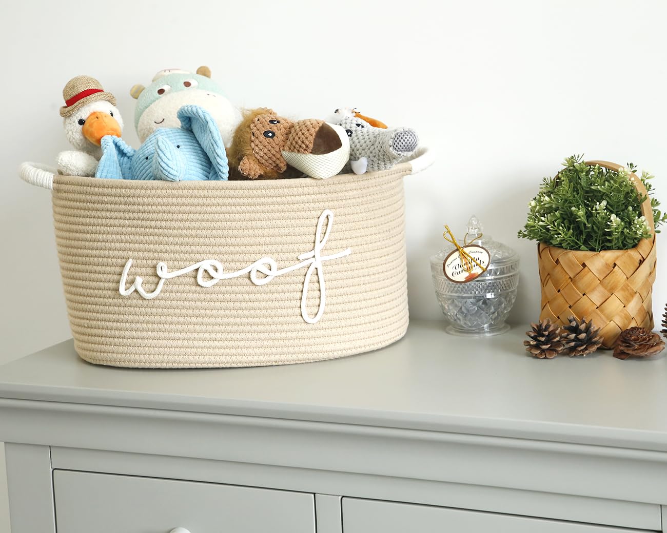 ZOMBATI white cotton rope toy storage bin complements any home decor.