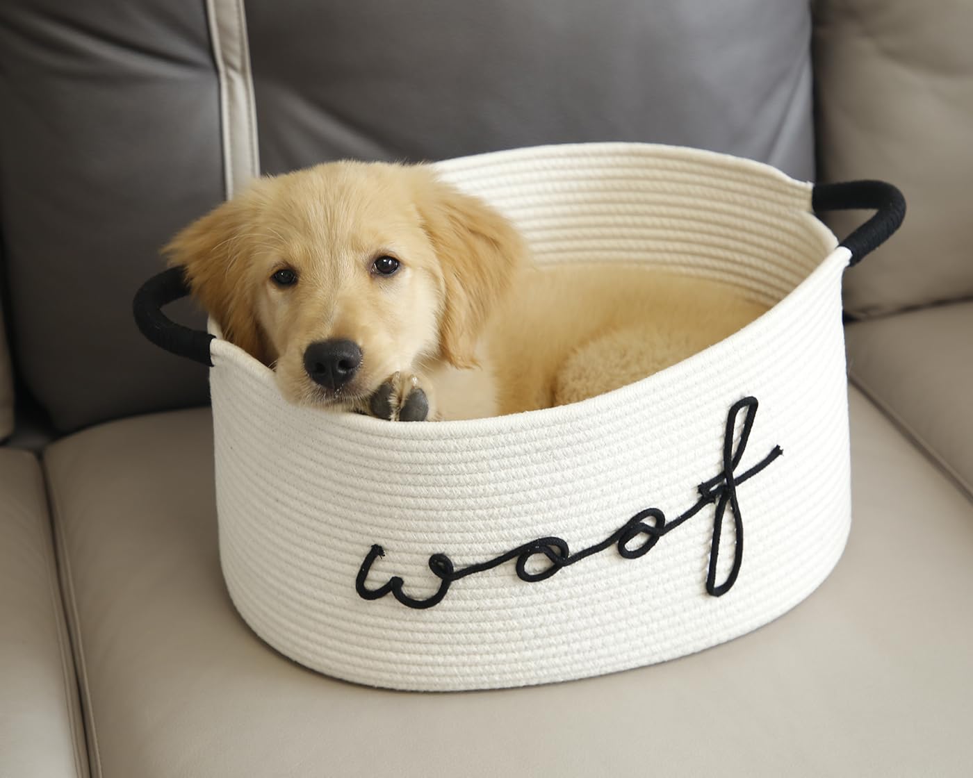 ZOMBATI Woof dog toy basket shows white, grey, beige color options.