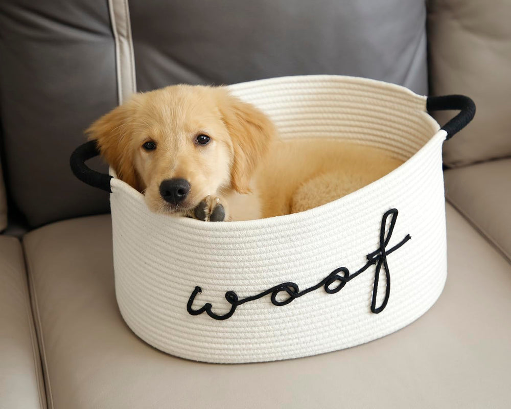 ZOMBATI Woof dog toy basket shows white, grey, beige color options.