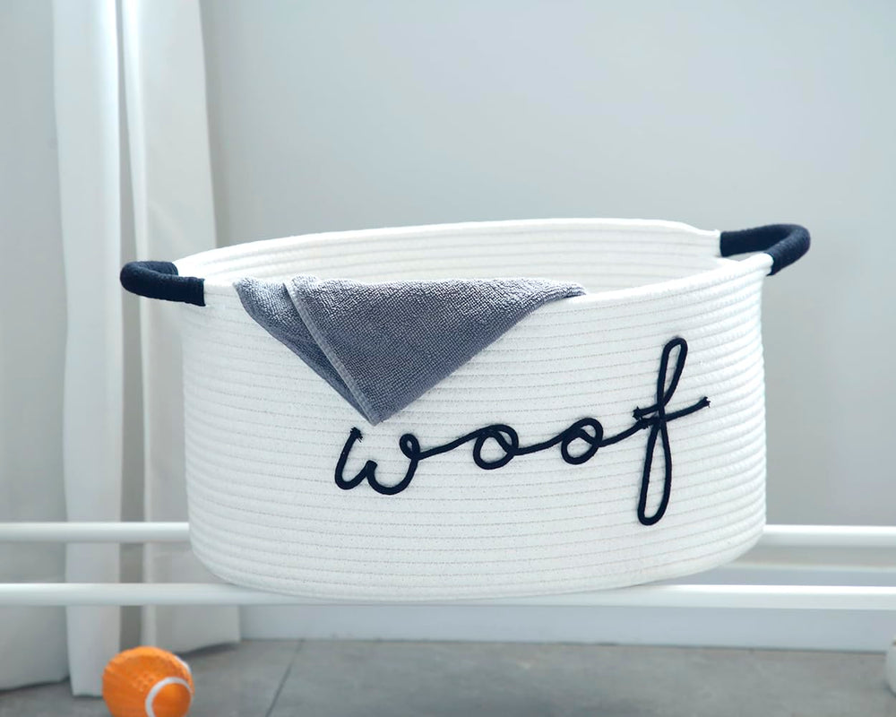 ZOMBATI Woof dog toy basket with side handles for easy carrying.
