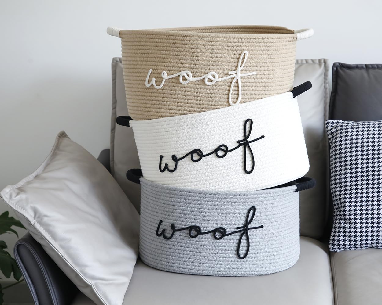 ZOMBATI Woof dog toy basket features durable, non-toxic cotton rope material.