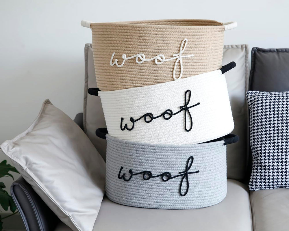 ZOMBATI Woof dog toy basket features durable, non-toxic cotton rope material.