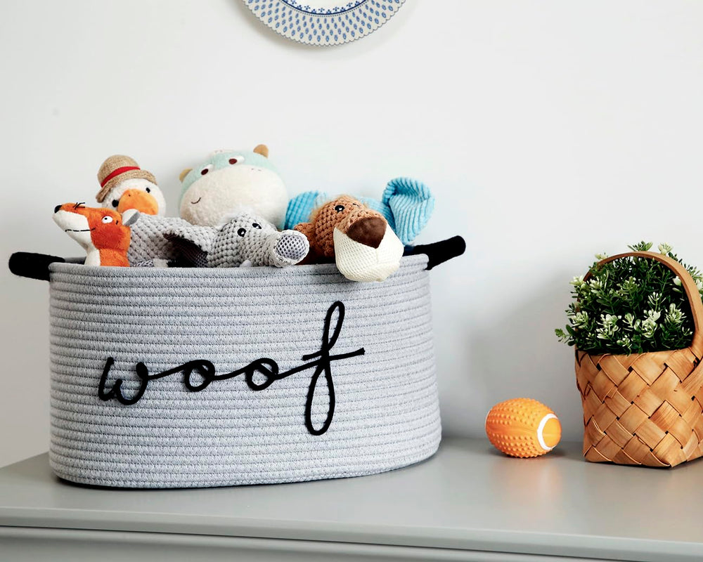 Zombati Woof dog basket grey blends with modern decor for toy storage.