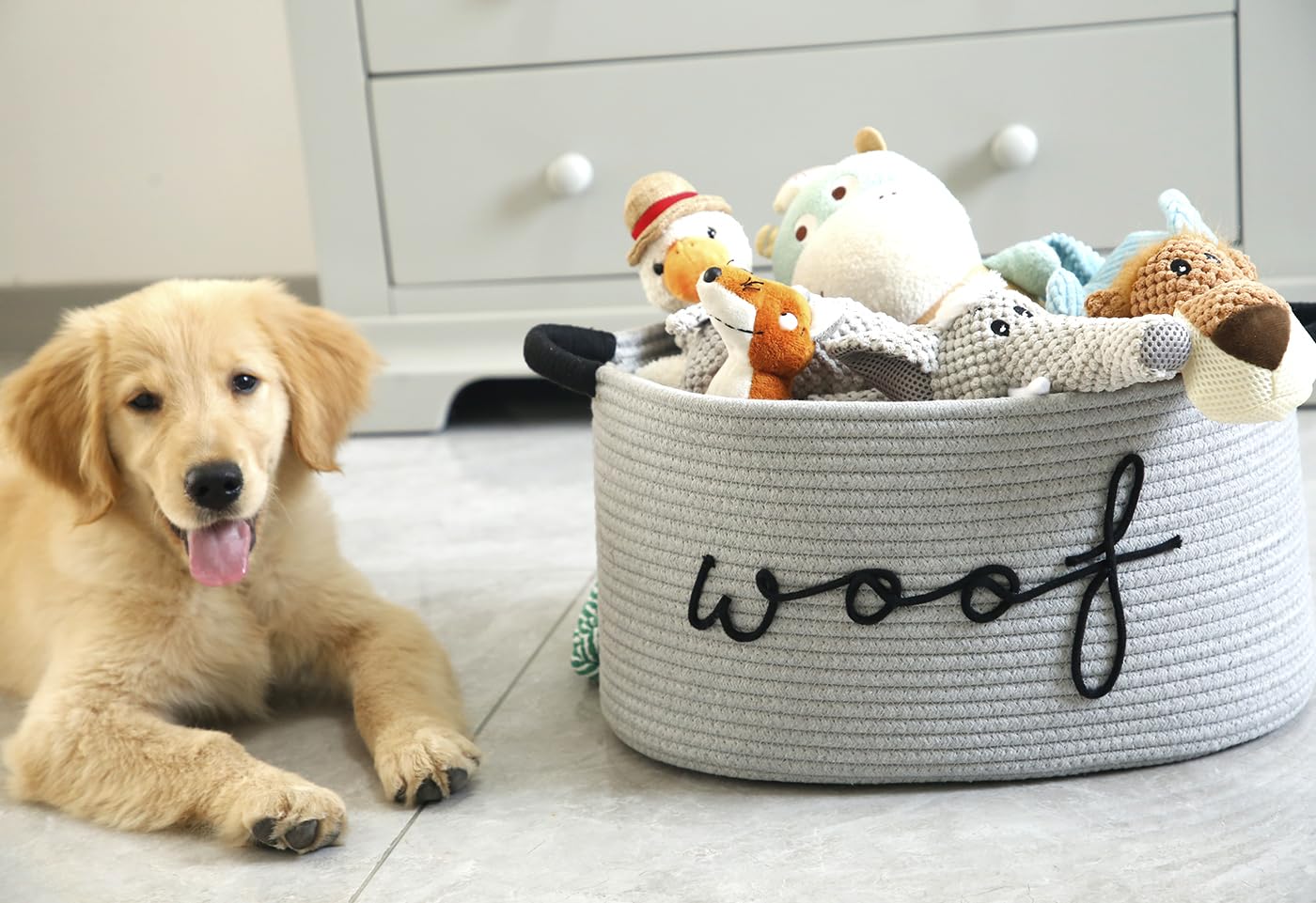 Zombati Woof dog basket with sturdy handles for easy carrying.