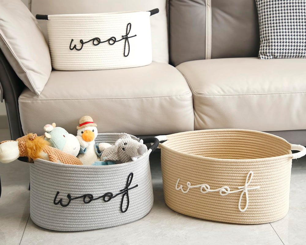Zombati Woof dog basket filled with toys demonstrates tidy storage access.