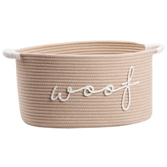 ZOMBATI Woof woven rope storage bin keeps toys neatly organized for easy access.