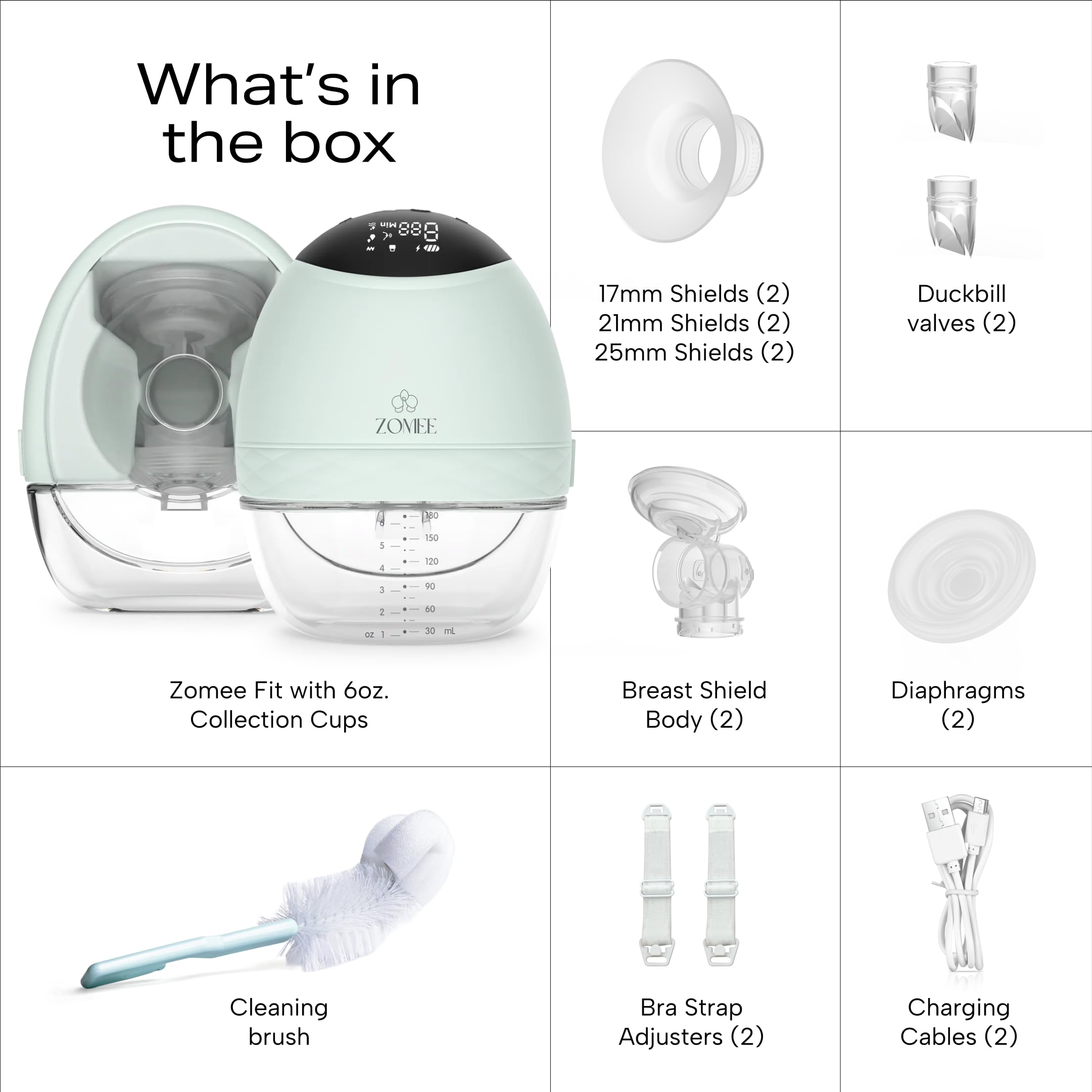 Zomee Fit three shield sizes in soft silicone for comfortable pumping.