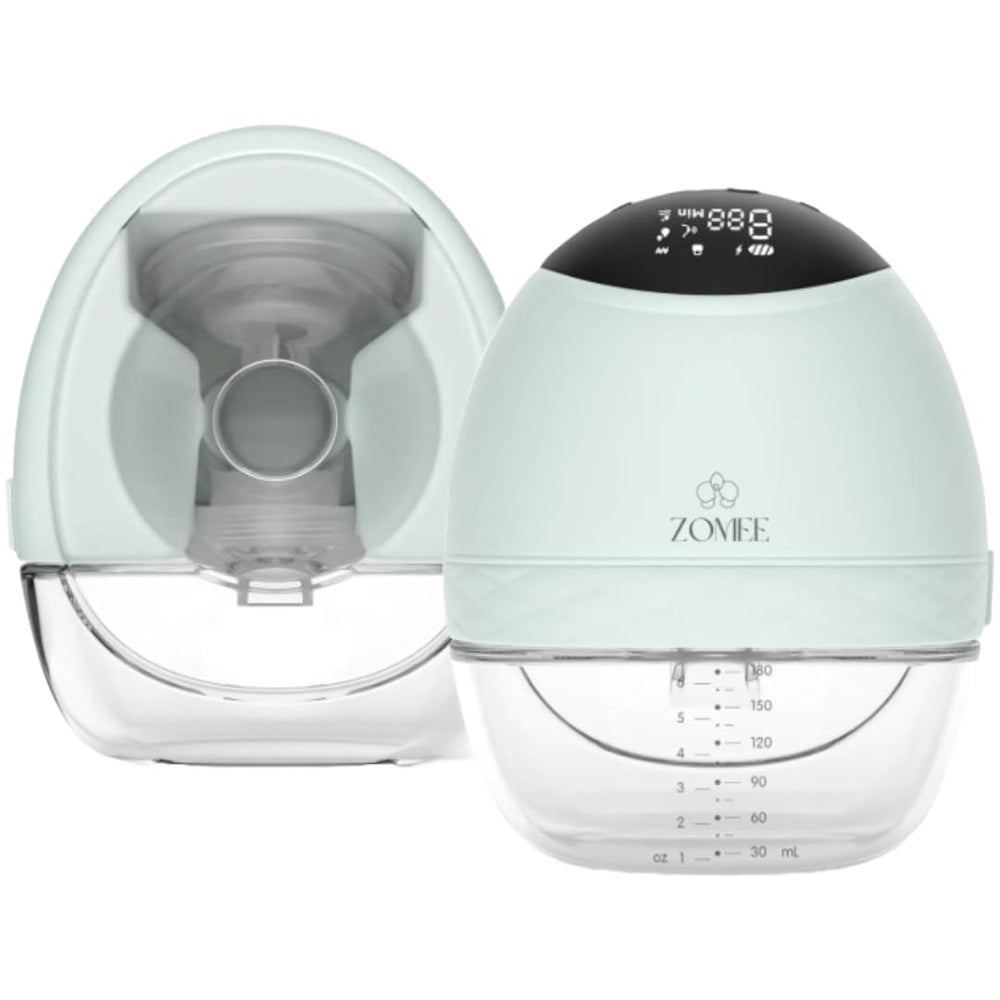Zomee Fit wearable pump worn under the bra for hands-free pumping on the go.
