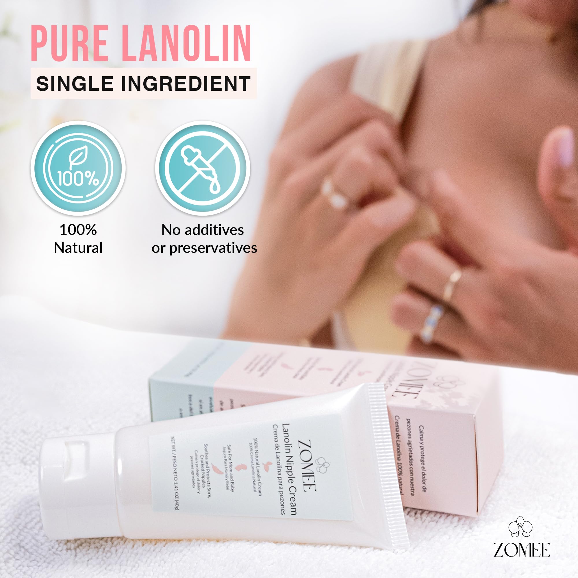 Zomee Lanolin Nipple Cream label emphasizes safety and baby-friendly, petroleum-free ingredients.