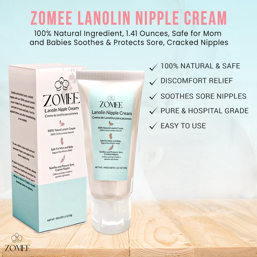 Zomee Lanolin Nipple Cream texture close-up highlights creamy hydration and non-greasy feel.