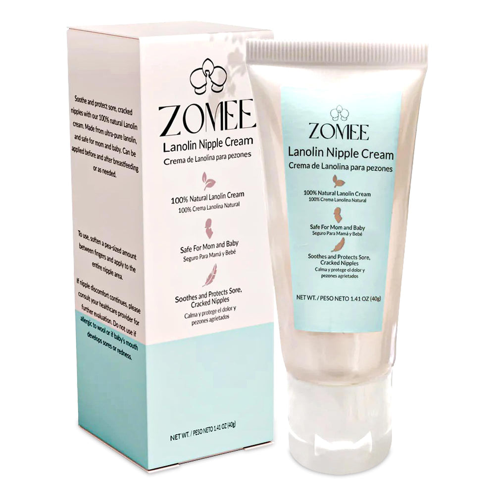 Zomee Lanolin Nipple Cream tube front shows trusted, natural relief for nursing moms.