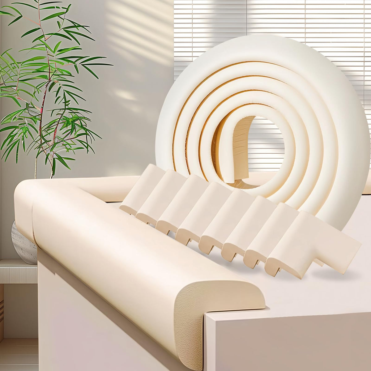 ZOMPAGO edge protector roll on a wood edge for soft cushioning.