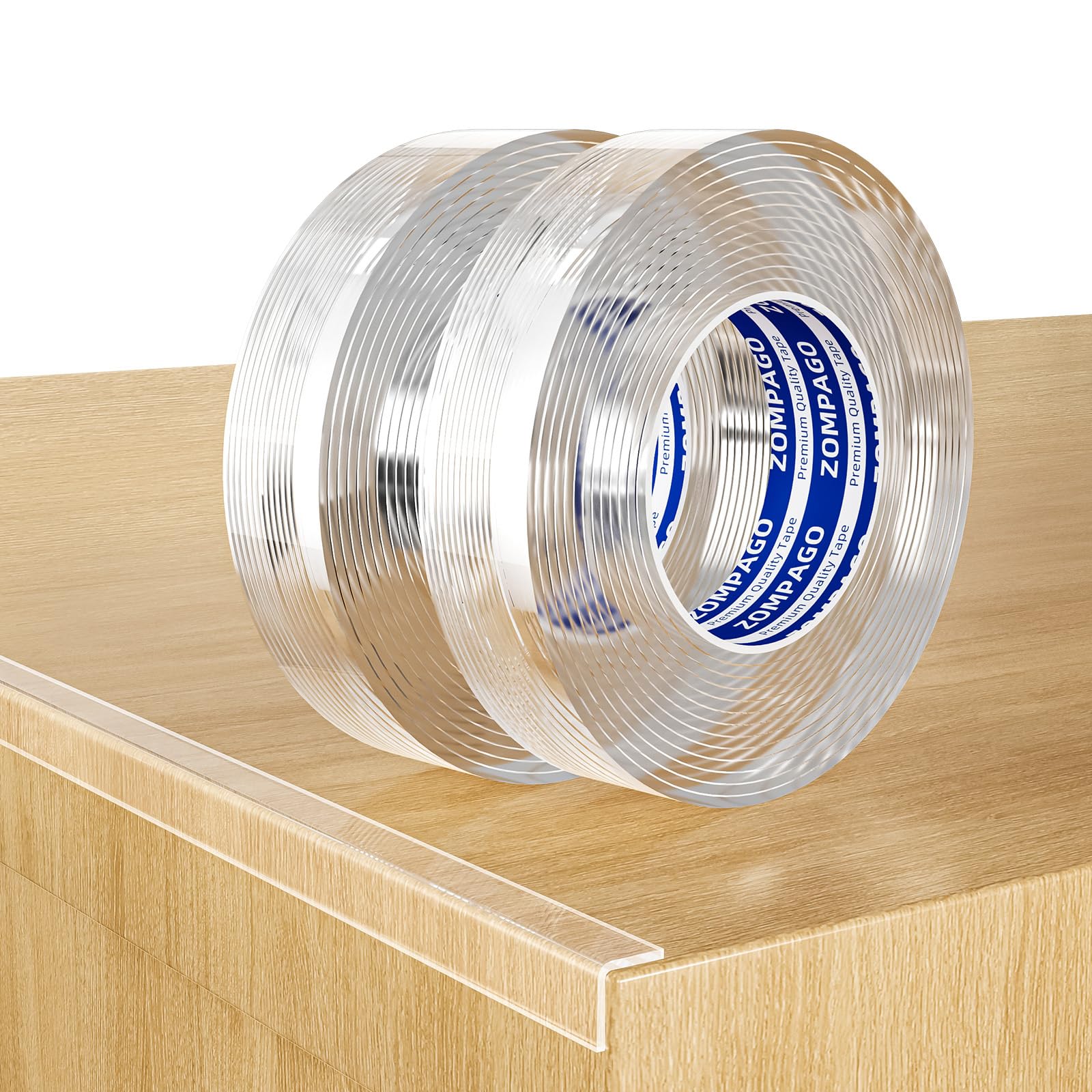 ZOMPAGO clear soft corner protector strip applied to a furniture corner for safety