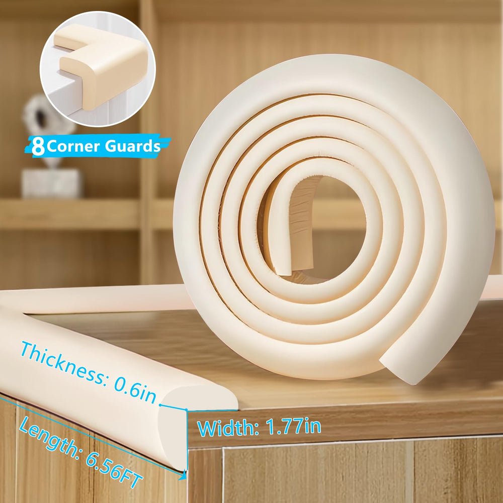ZOMPAGO corner guards attached to a cabinet corner for childproofing.