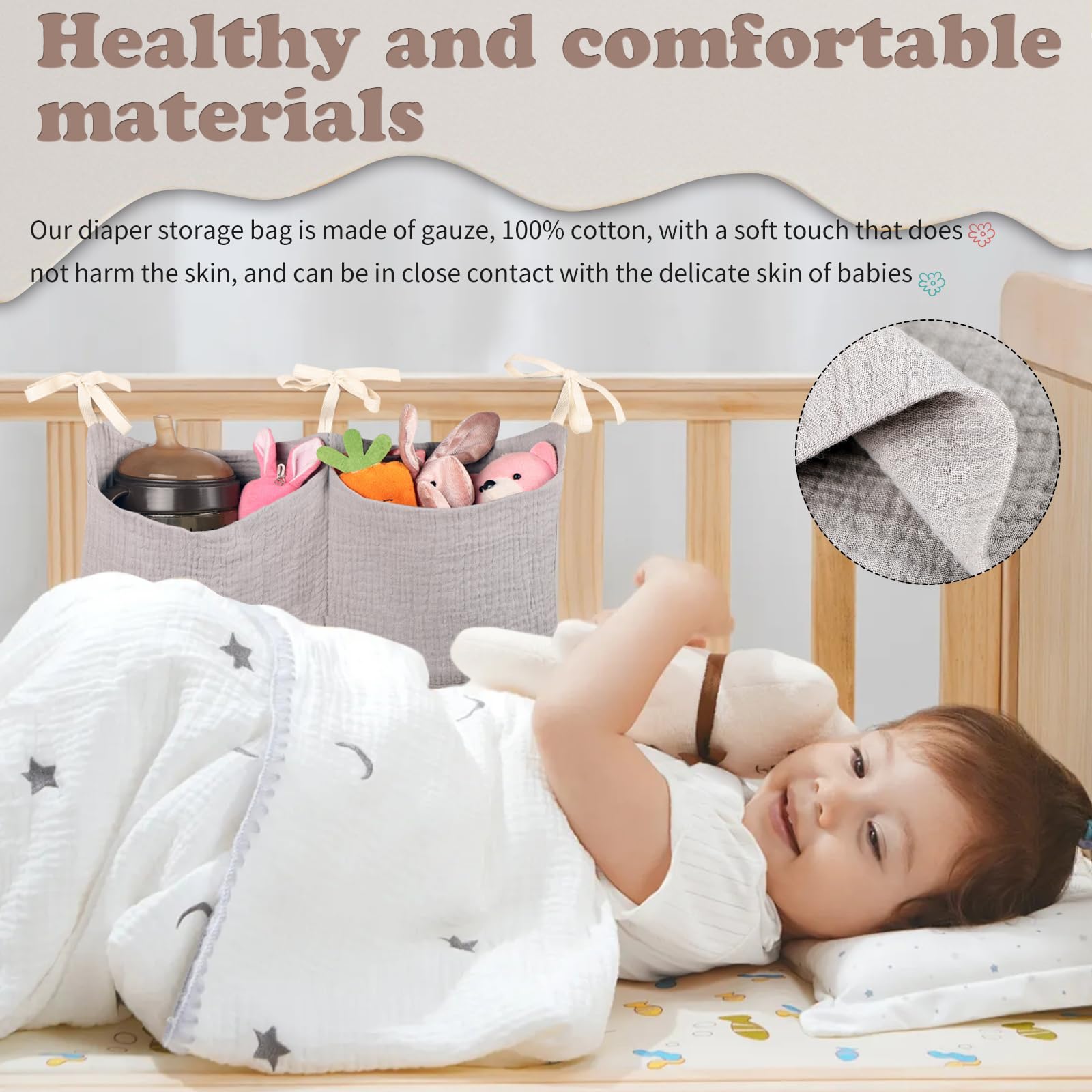 zonBroth baby bag in use on crib and chair for easy access.