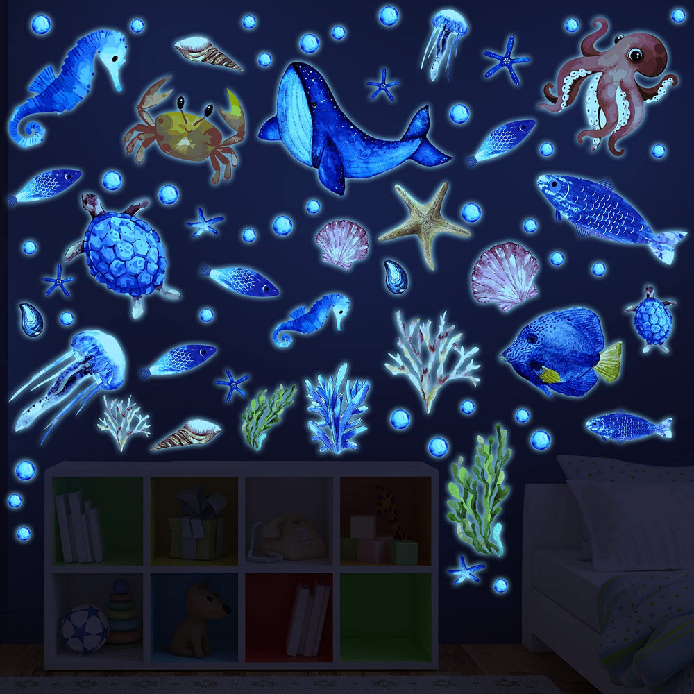 Zonon glow in the dark ocean stickers collection brightening kids' walls with playful underwater scene.