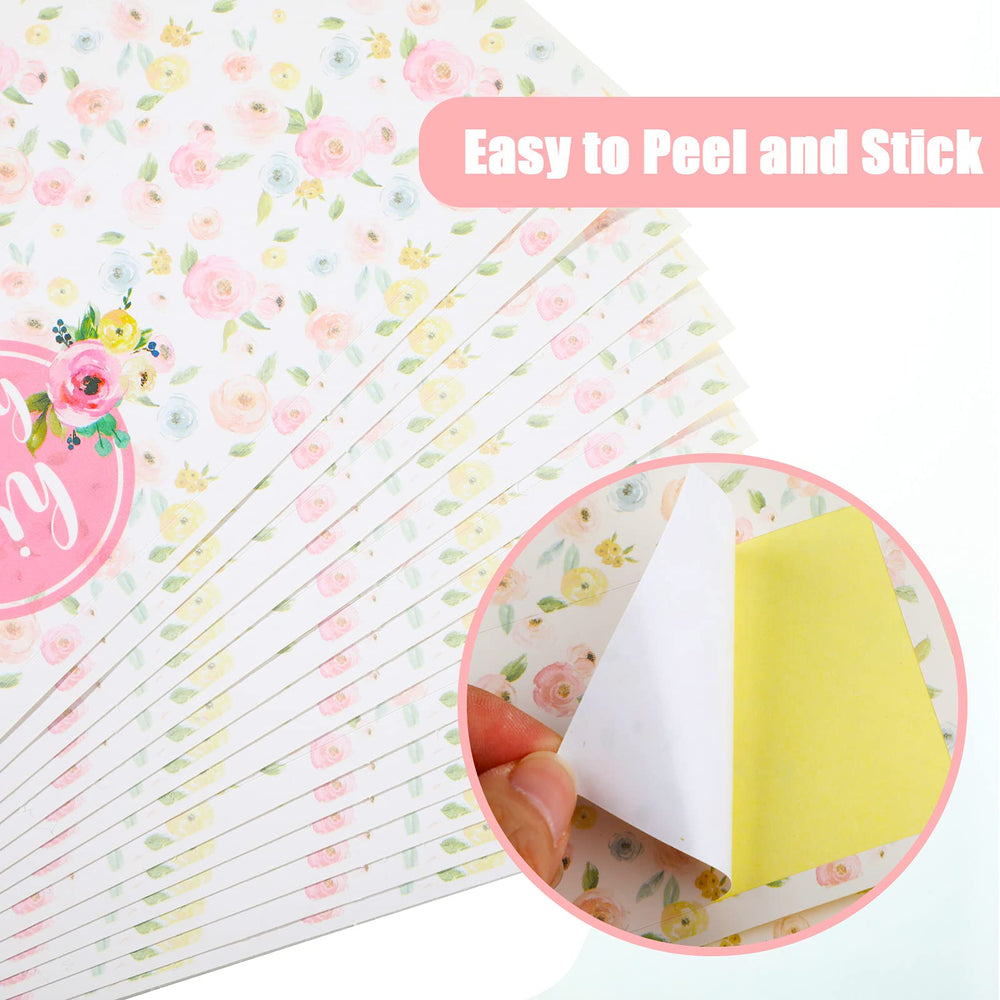Zonon peel-and-stick labels on pink floral bottle, quick festive decoration.
