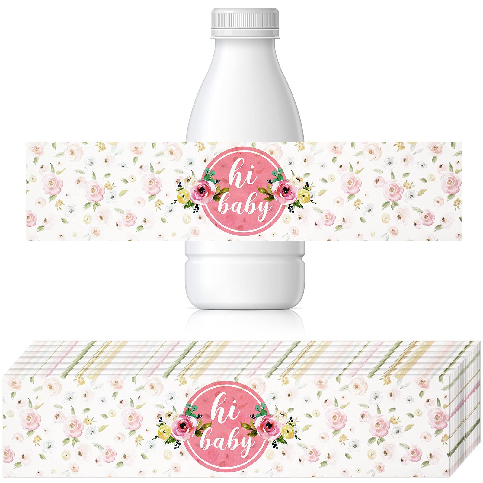 Zonon pink floral baby shower label on a water bottle, waterproof and vibrant.