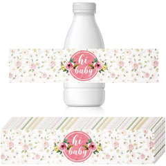 Zonon pink floral baby shower label on a water bottle, waterproof and vibrant.