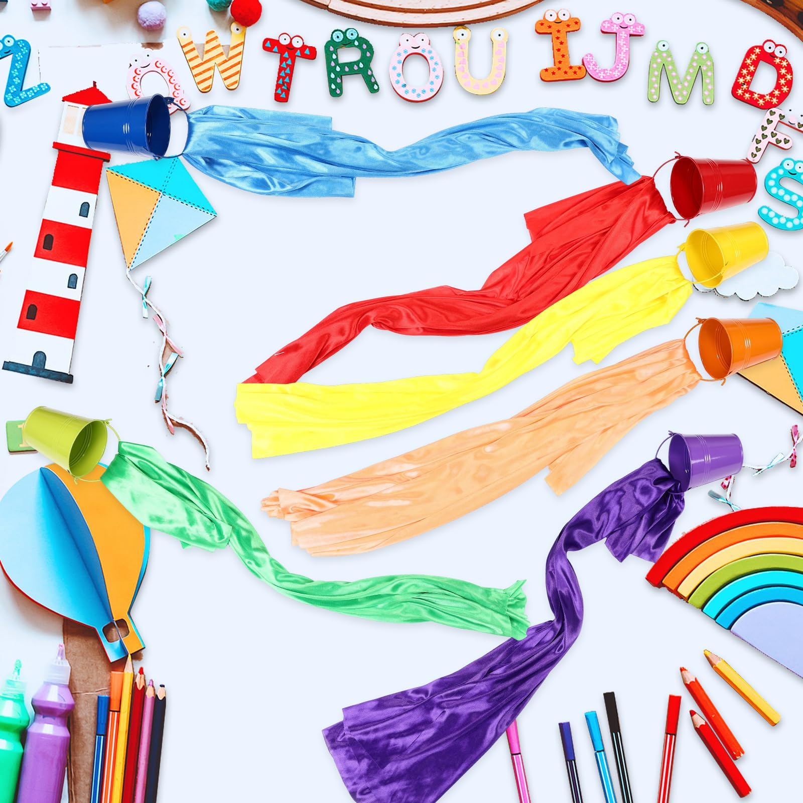 Zonon rainbow metal buckets add playful accents to art displays.