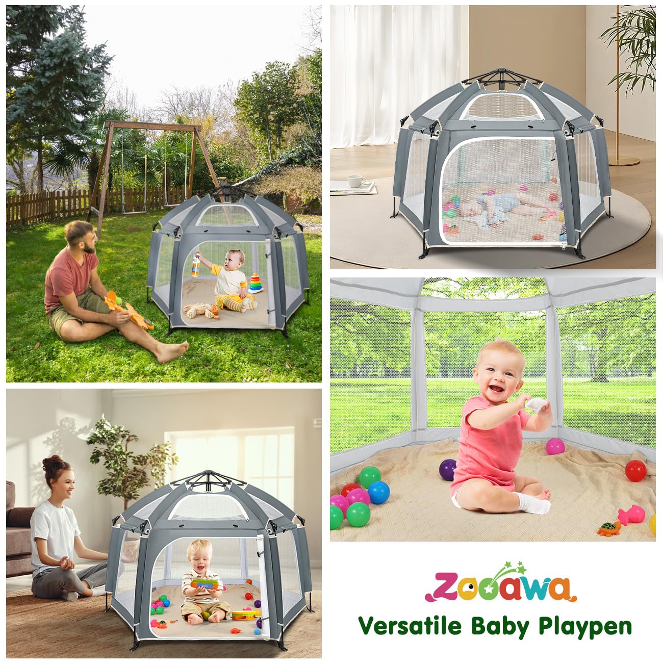 Zooawa Pop Up Playpen UV canopy at the beach for sunny days.