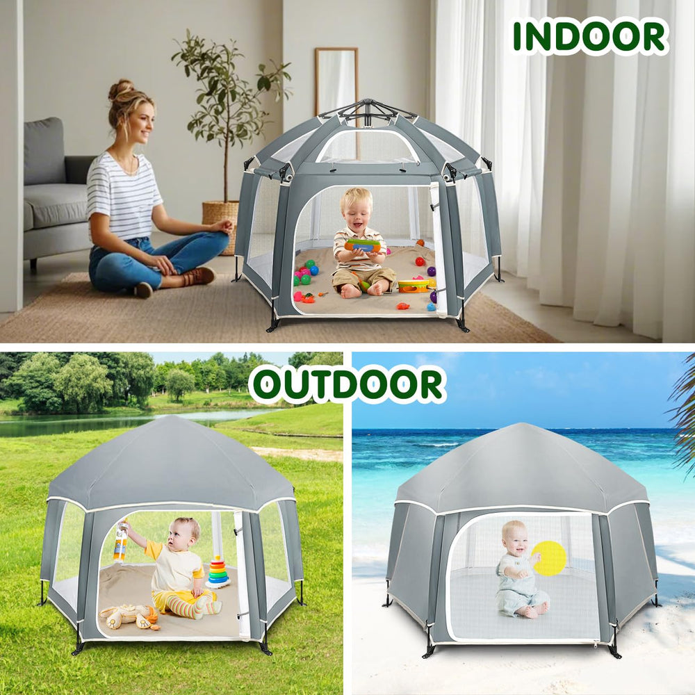 Zooawa Pop Up Playpen safety rails with lock for secure play space.