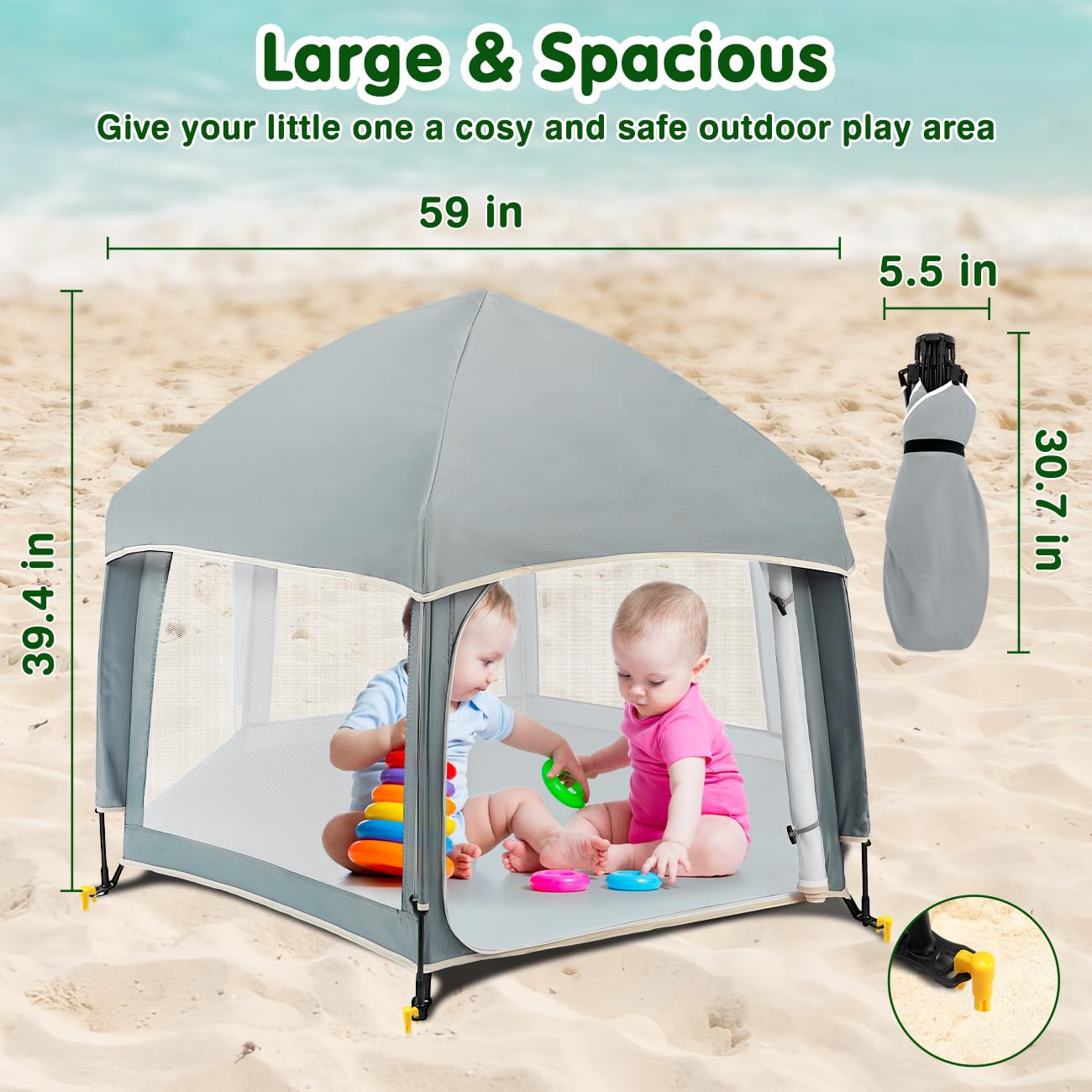 Zooawa Pop Up Playpen side sunshade shields from sun during outdoor play.