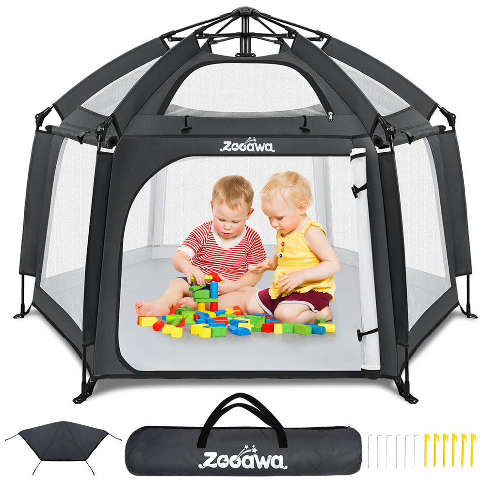 Zooawa pop-up playpen with sunshade provides shade for outdoor play