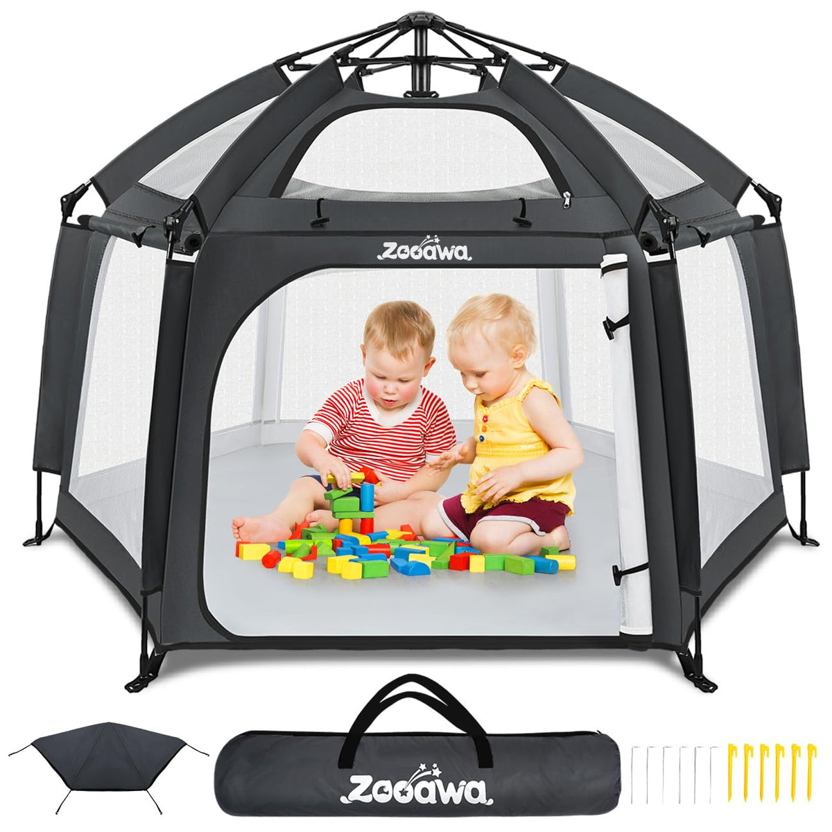 Zooawa pop-up playpen with sunshade provides shade for outdoor play