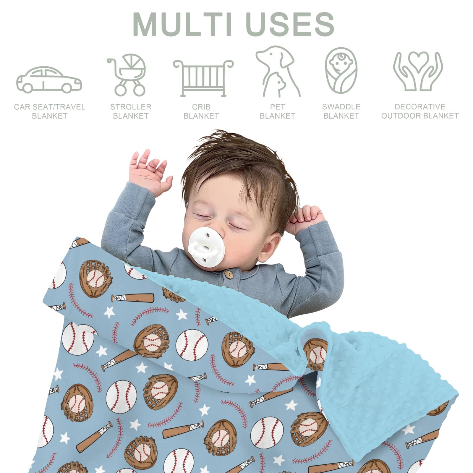 ZoUbqchY blue baseball baby blanket neatly folded for storage and travel.