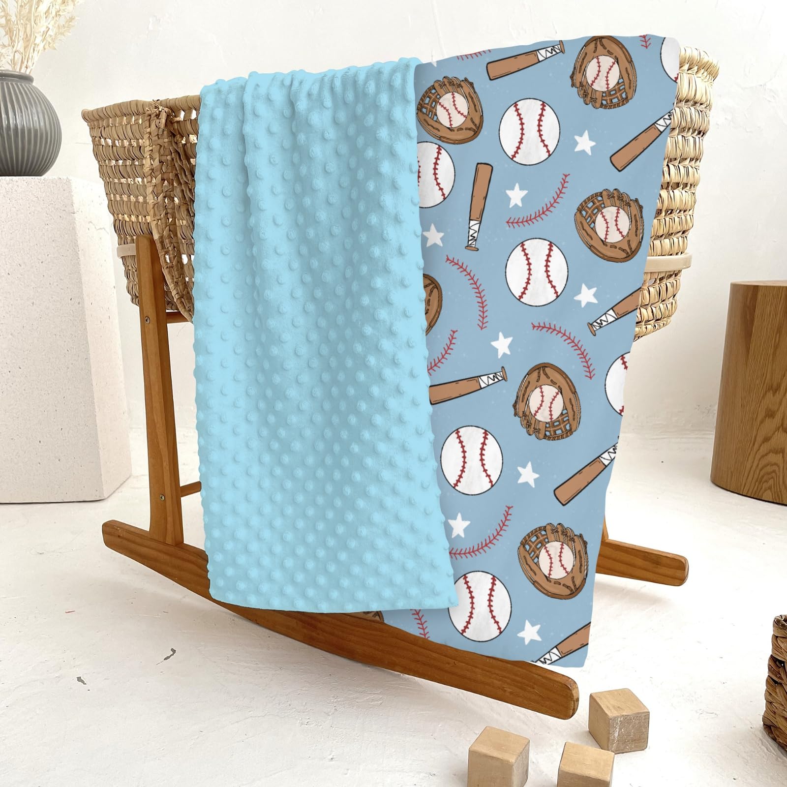 ZoUbqchY blue baseball baby blanket paired with nursery essentials for a cohesive look.