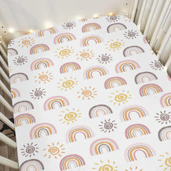 ZoUbqchY Boho Rainbow Sun crib sheet flatlay shows soft, durable fabric for baby comfort