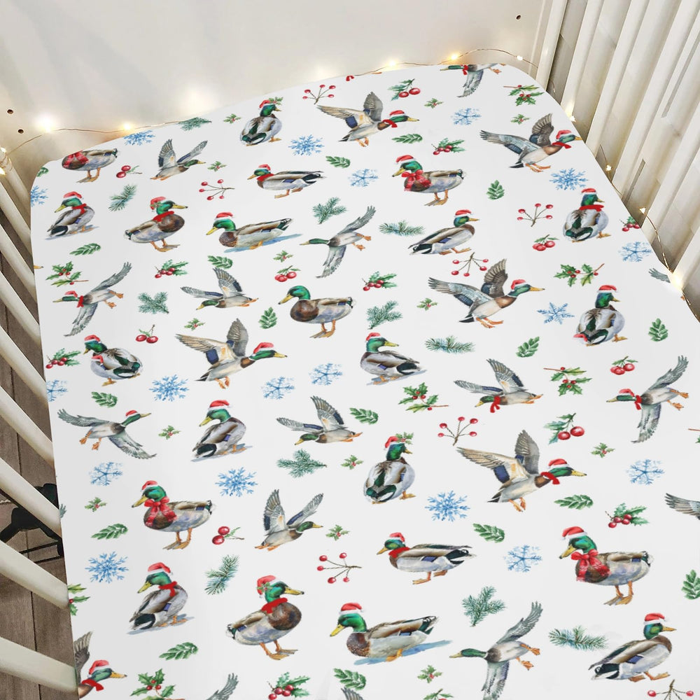 ZoUbqchY Christmas Mallard Ducks crib sheet with a festive pattern for a cozy nursery.