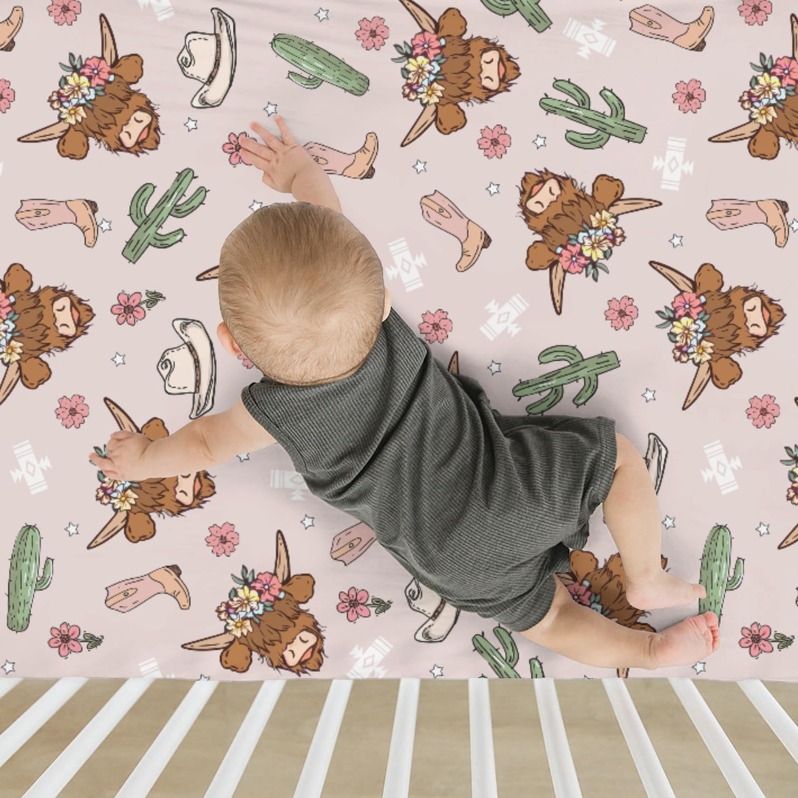 ZoUbqchY Highland Cows Cactus Baby Sheet elastic edge ensures secure fit