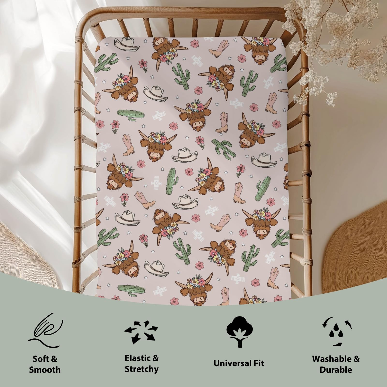 ZoUbqchY Highland Cows Cactus Baby Sheet on crib for secure, snug sleep