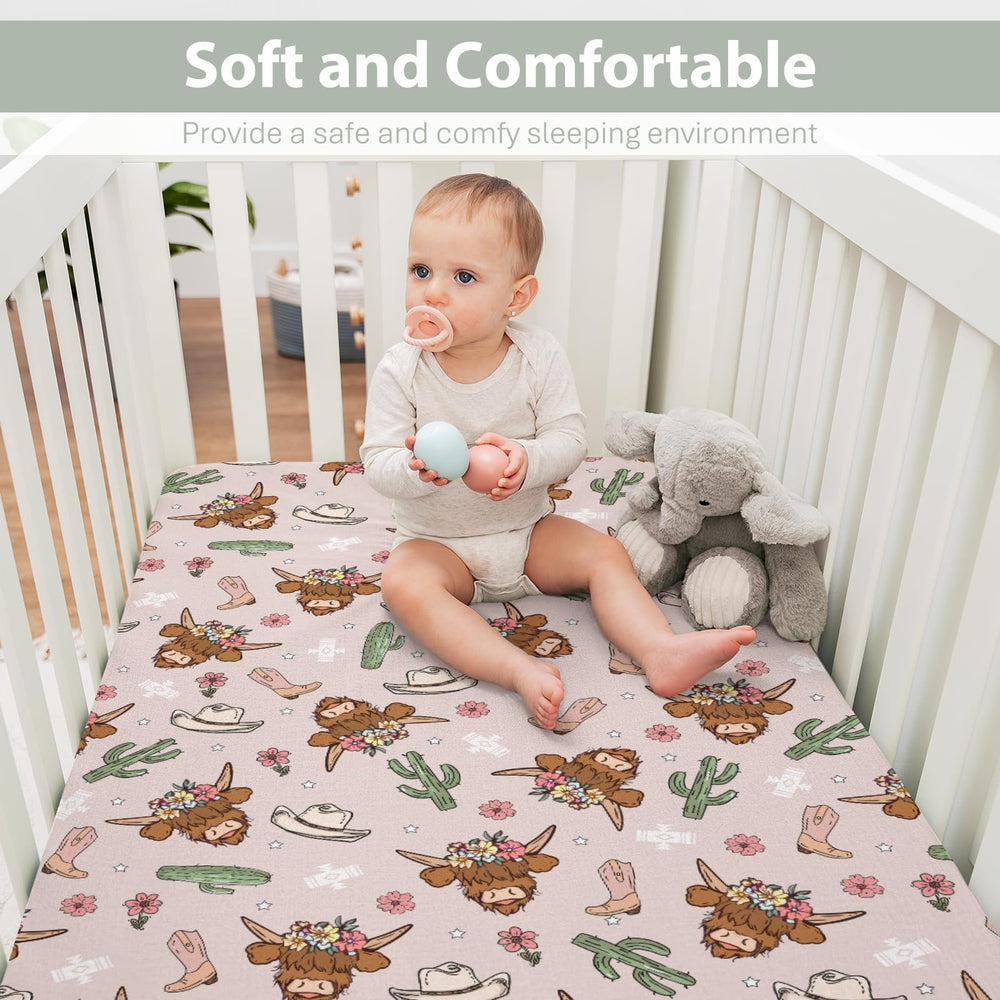 ZoUbqchY Highland Cows Cactus Baby Sheet pattern display for nursery decor