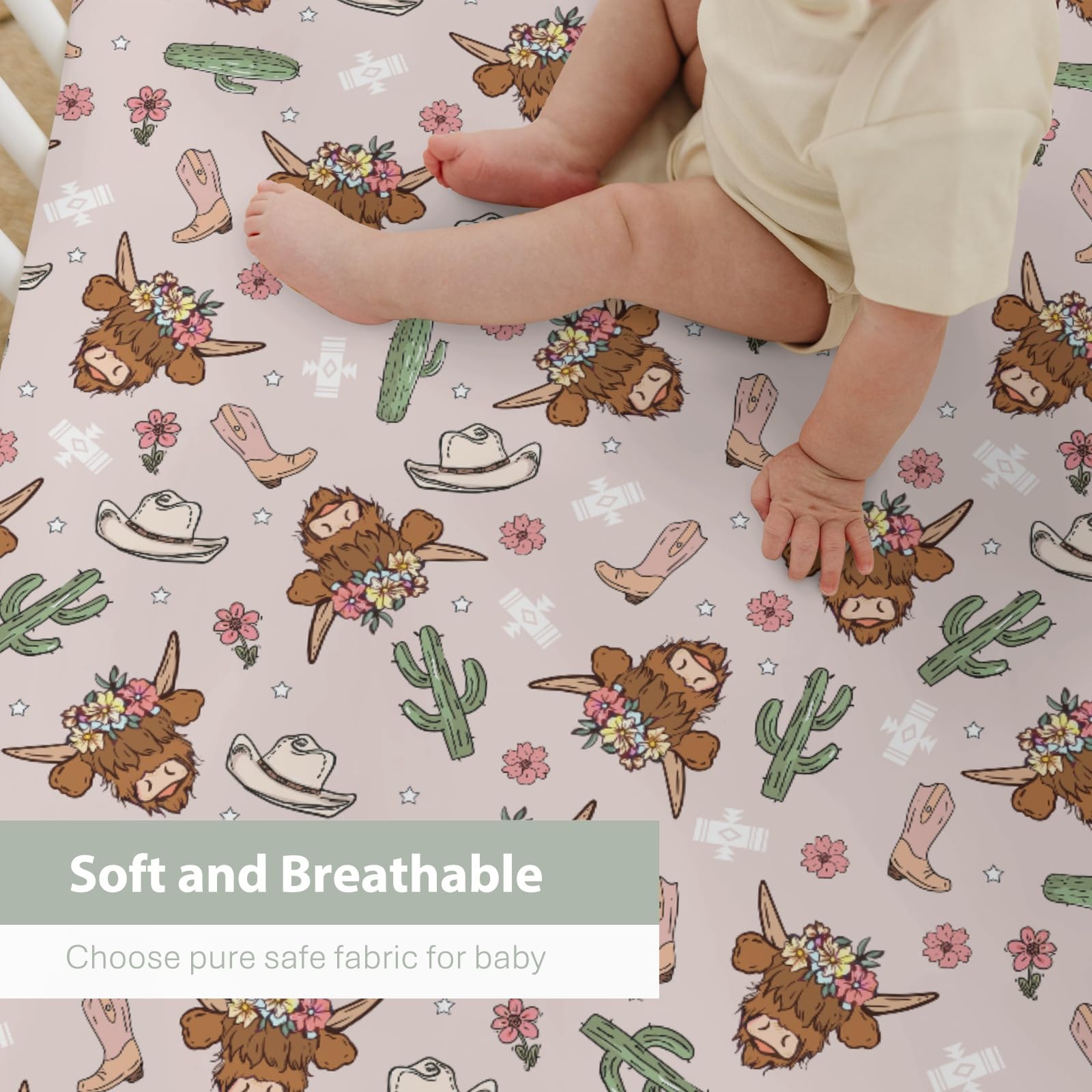 ZoUbqchY Highland Cows Cactus Baby Sheet pink tones suitable for unisex nurseries
