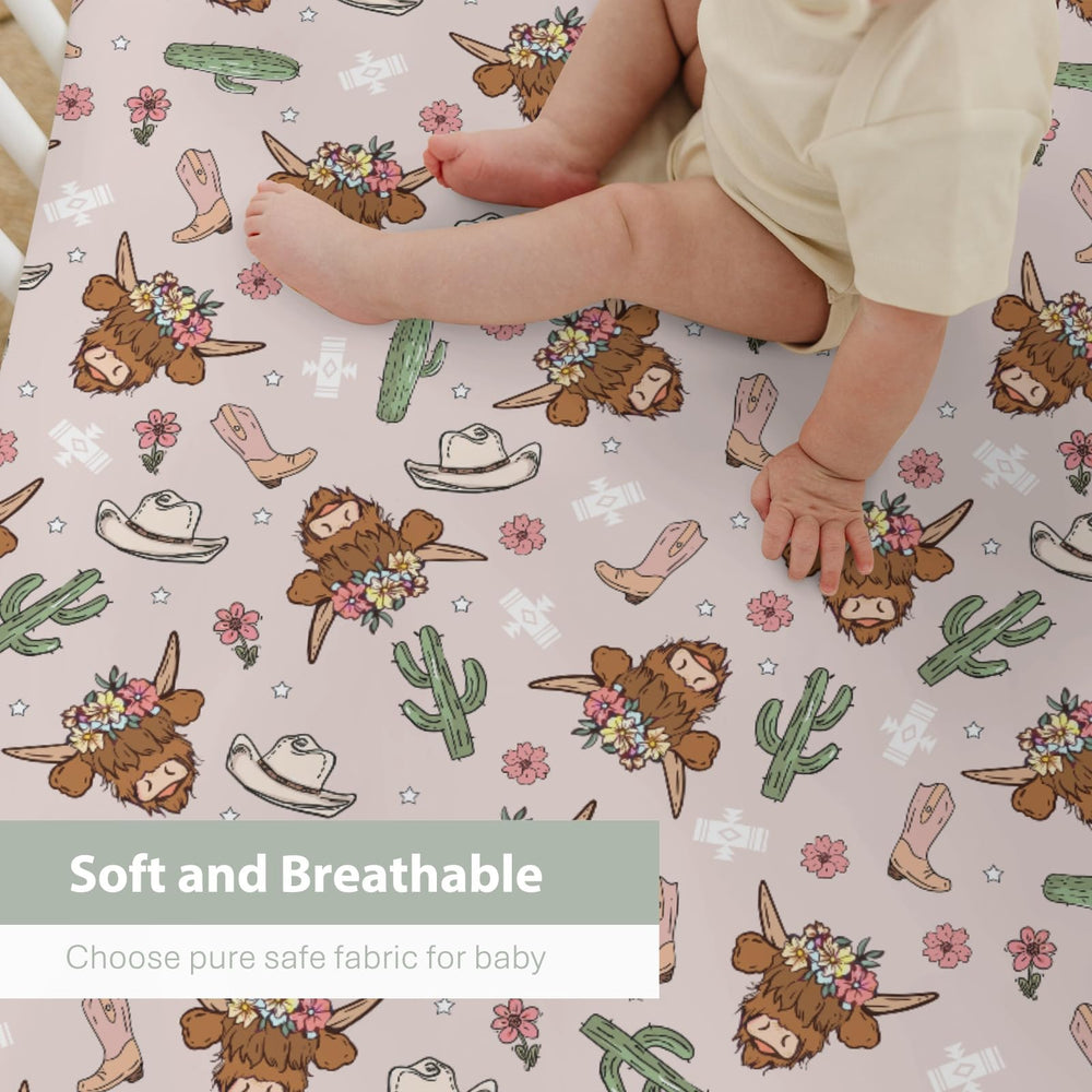ZoUbqchY Highland Cows Cactus Baby Sheet pink tones suitable for unisex nurseries