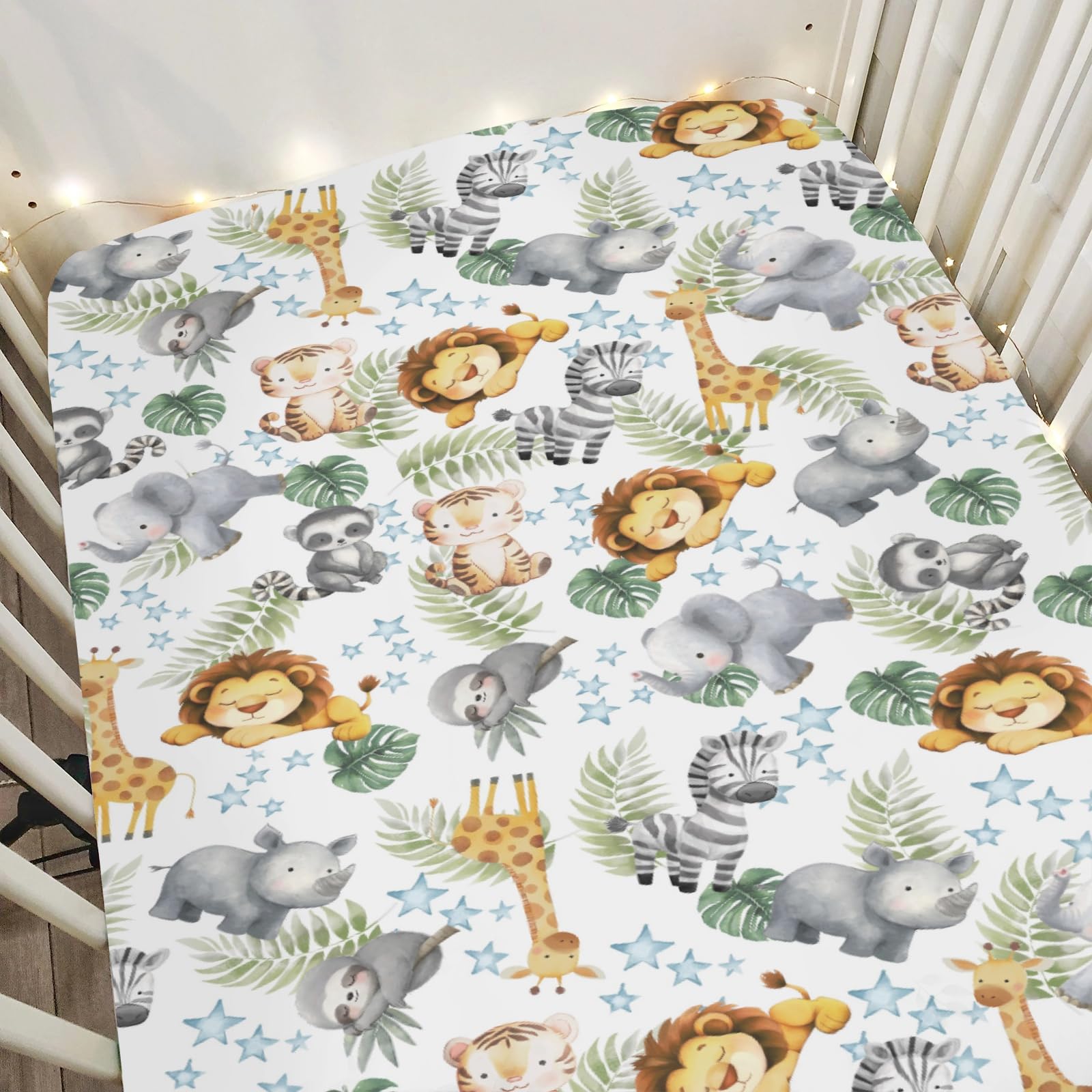 Zooubqchy Jungle Friends crib sheet with lion pattern, ultra-soft and breathable for peaceful baby sleep.