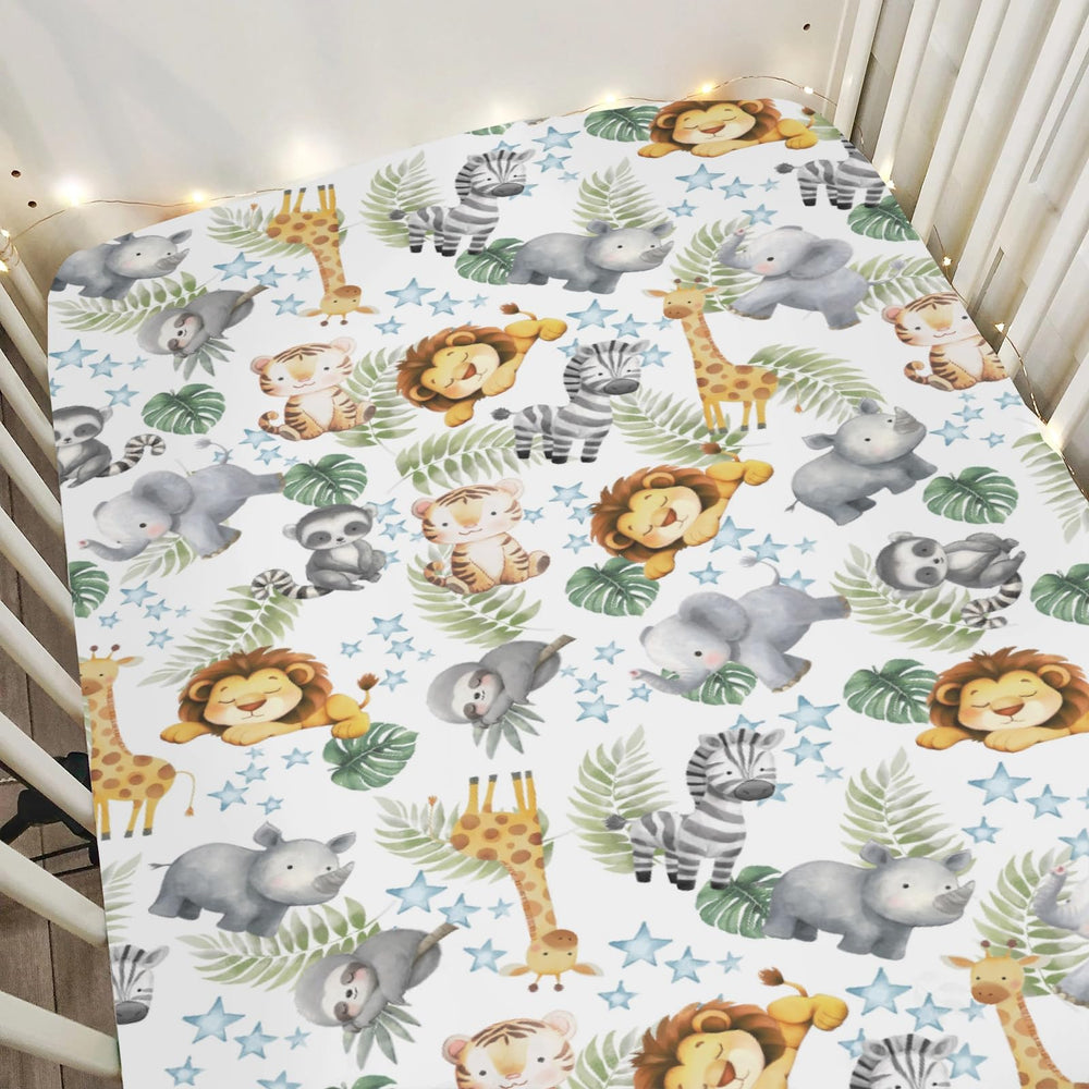 Zooubqchy Jungle Friends crib sheet with lion pattern, ultra-soft and breathable for peaceful baby sleep.