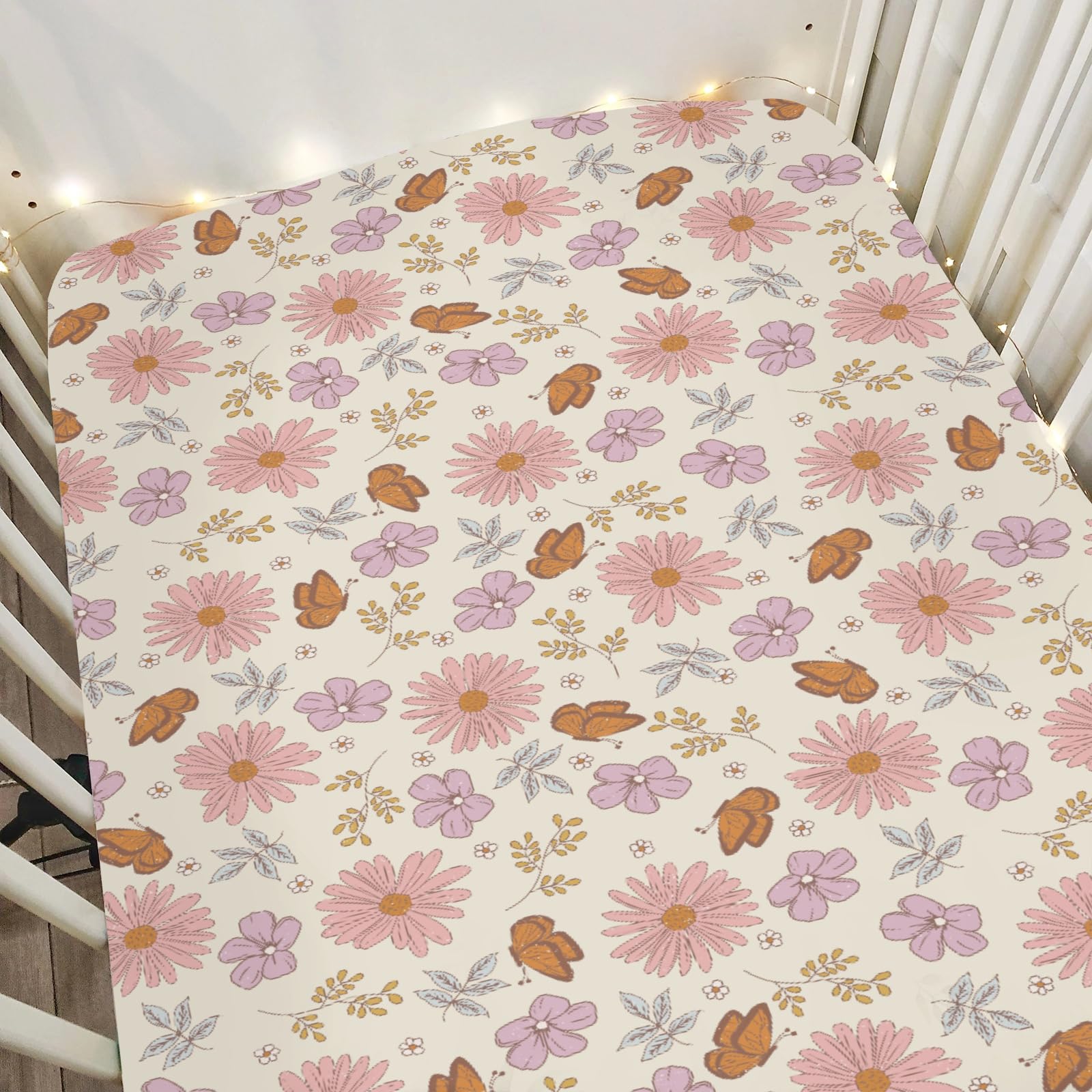 ZoUbqchY vintage wildflowers butterflies crib sheet close-up fabric, soft and breathable.