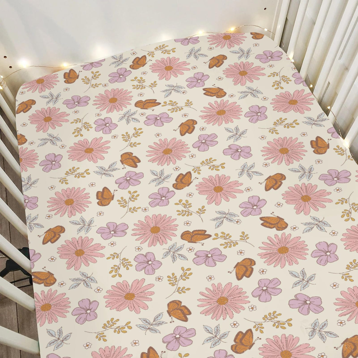 ZoUbqchY vintage wildflowers butterflies crib sheet close-up fabric, soft and breathable.