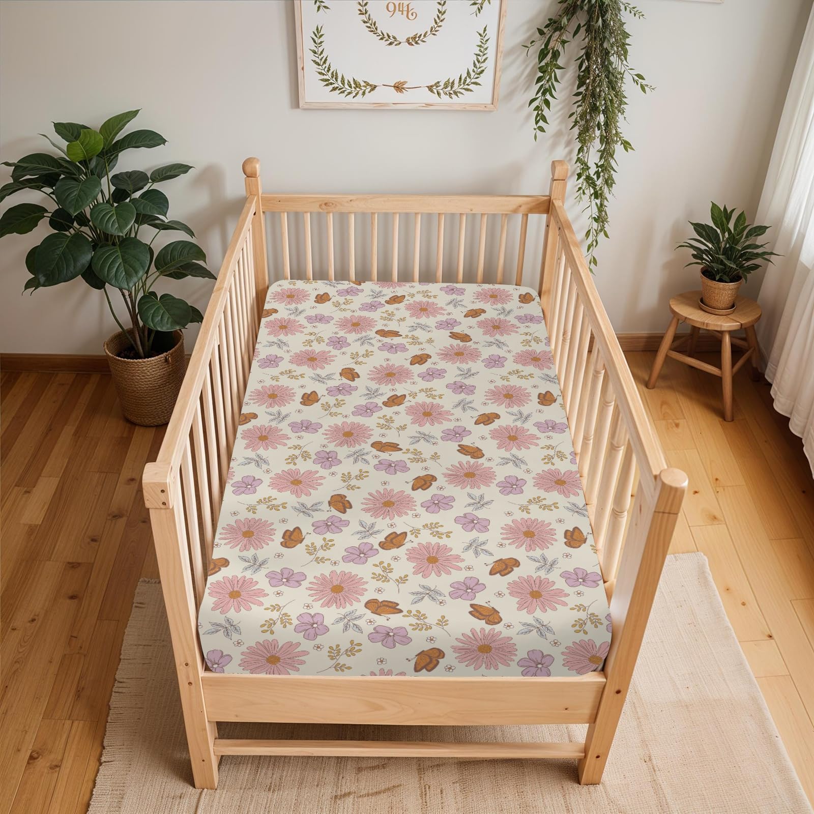 ZoUbqchY vintage wildflowers butterflies crib sheet pattern detail, adds cozy style.