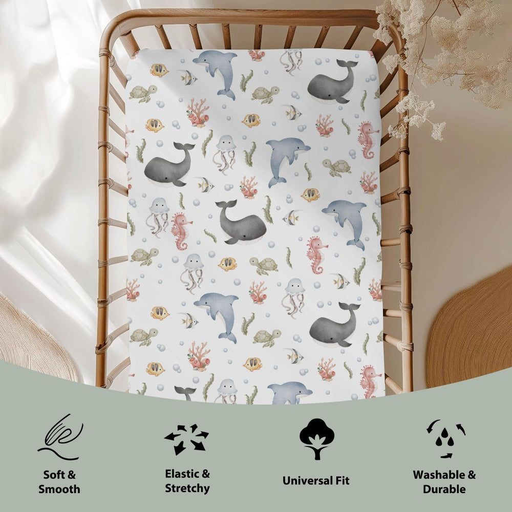 ZoUbqchY turtle print crib sheet, playful yet soothing nursery decor.