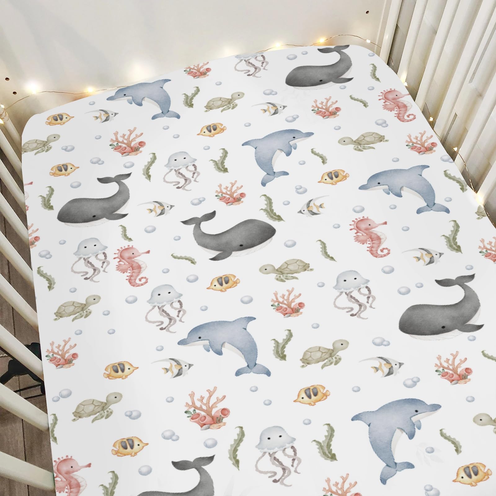 ZoUbqchY watercolor sea animals crib sheet close-up on whale design, breathable soft fabric.