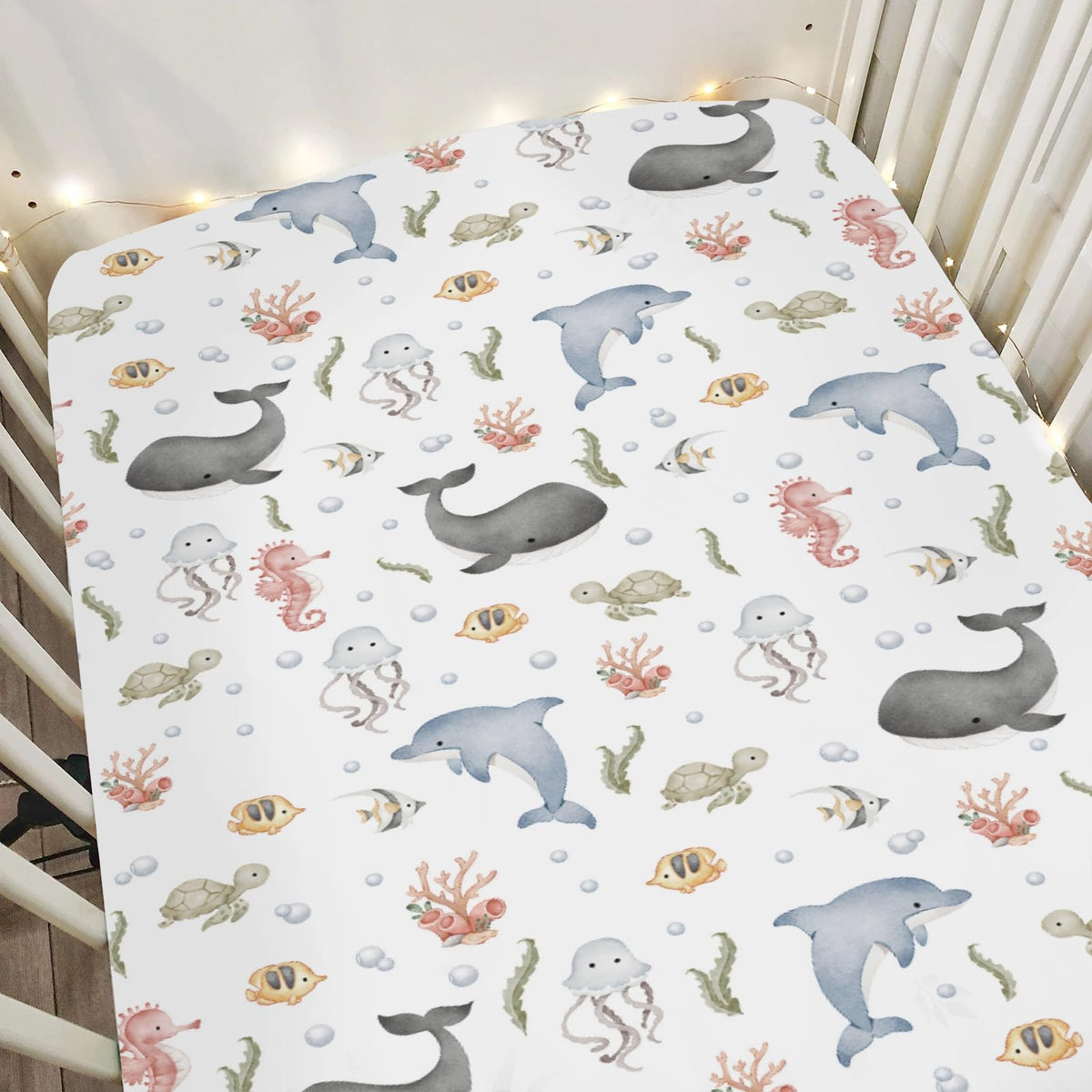ZoUbqchY watercolor sea animals crib sheet close-up on whale design, breathable soft fabric.