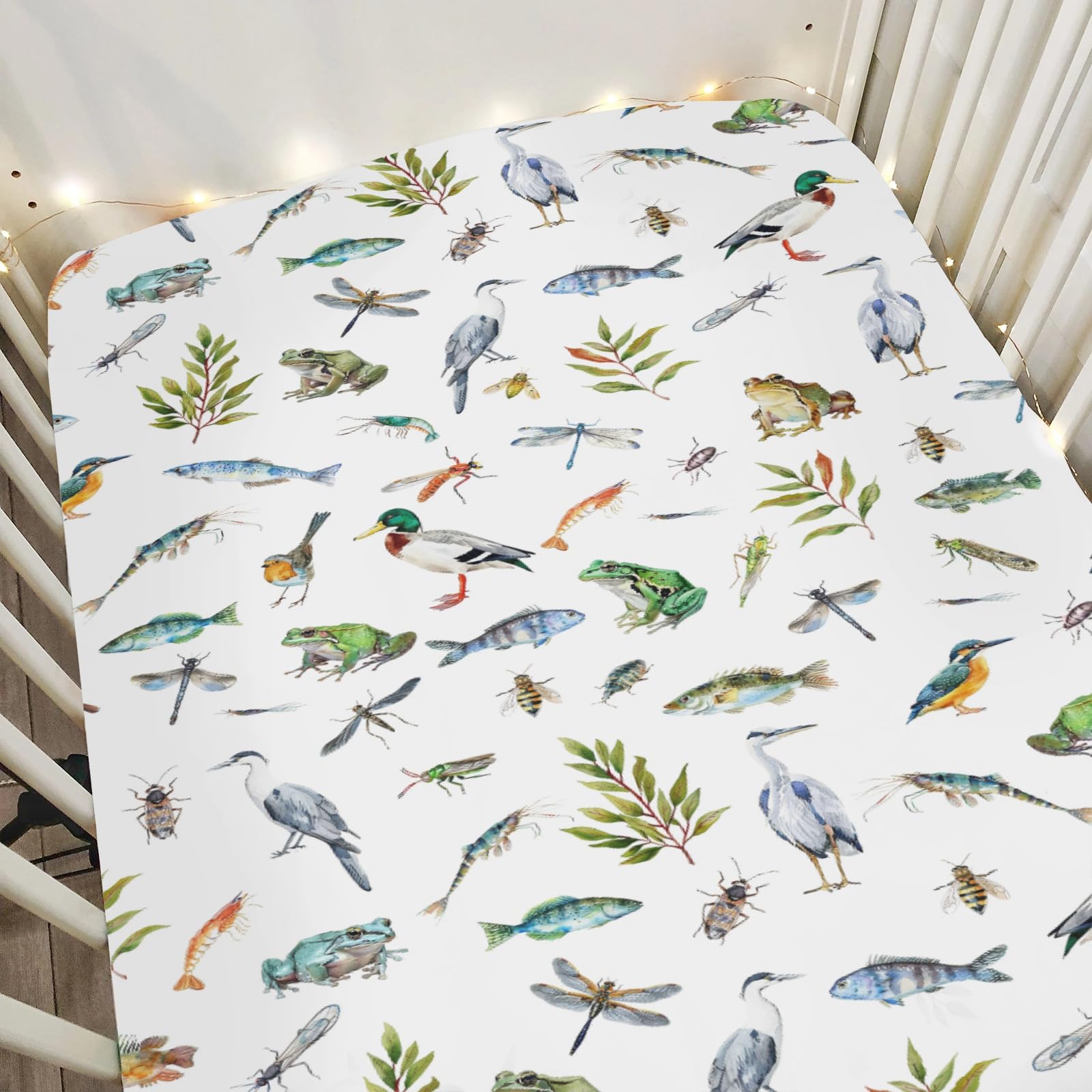 ZoUbqchY outdoor wildlife pond mallard pattern crib sheet, soft and breathable.